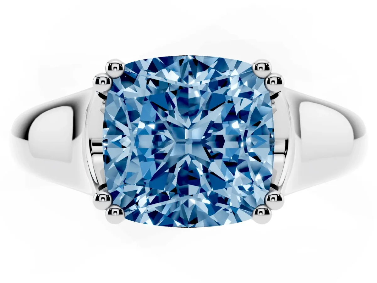 Fancy Blue Cushion Cut Diamond Solitaire Ring with Wide Band and Prong Setting Silver