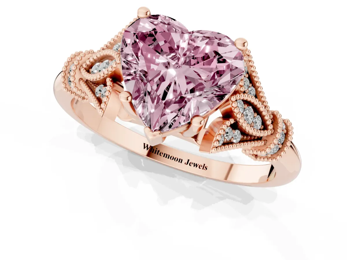Fancy Pink Heart Cut Diamond Solitaire Ring with Floral Filigree and Pave Accents Rose gold