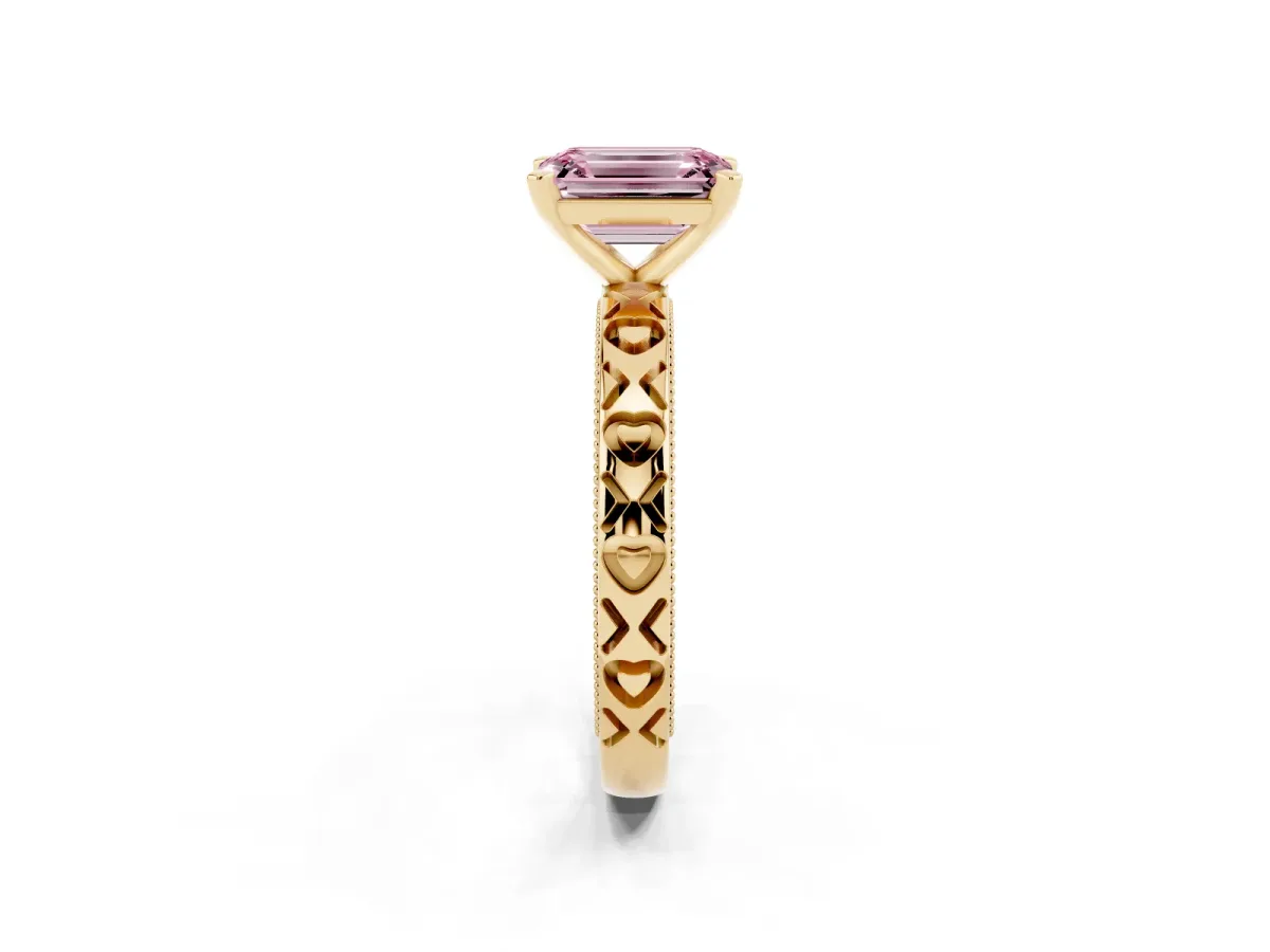 Fancy Pink Emerald Cut Solitaire Diamond Engagement Ring with XO Engraved Band and Four-Prong Setting Yellow gold