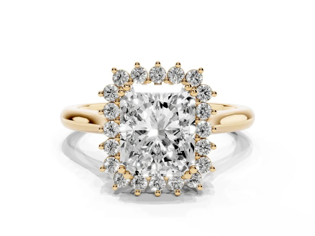 Radiant Cut Cut Diamond Halo Ring with Solitaire Band and Prong Setting Yellow gold