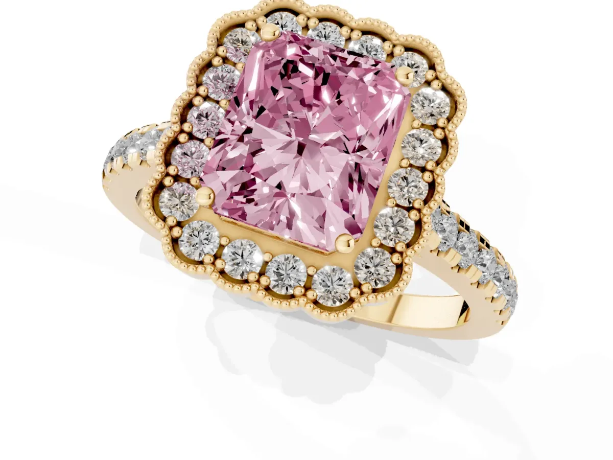 Fancy Pink Radiant Cut Cut Diamond Milgrain Floral Halo Engagement Ring with Pavé Band Yellow gold
