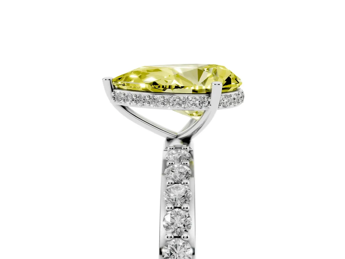 Fancy Yellow Pear Cut Diamond Solitaire Ring with Pavé Band and Hidden Halo Silver