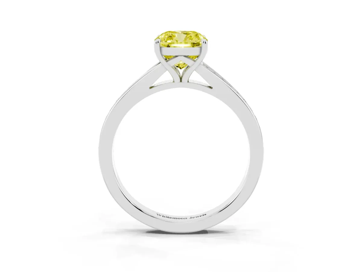 Fancy Yellow Cushion Cut Diamond Solitaire Ring with Pavé Band and Prong Setting Silver