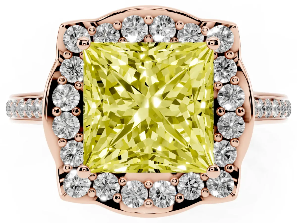 Fancy Yellow Princess Cut Halo Round Diamond Pave Band with Four-Prong Setting Rose gold