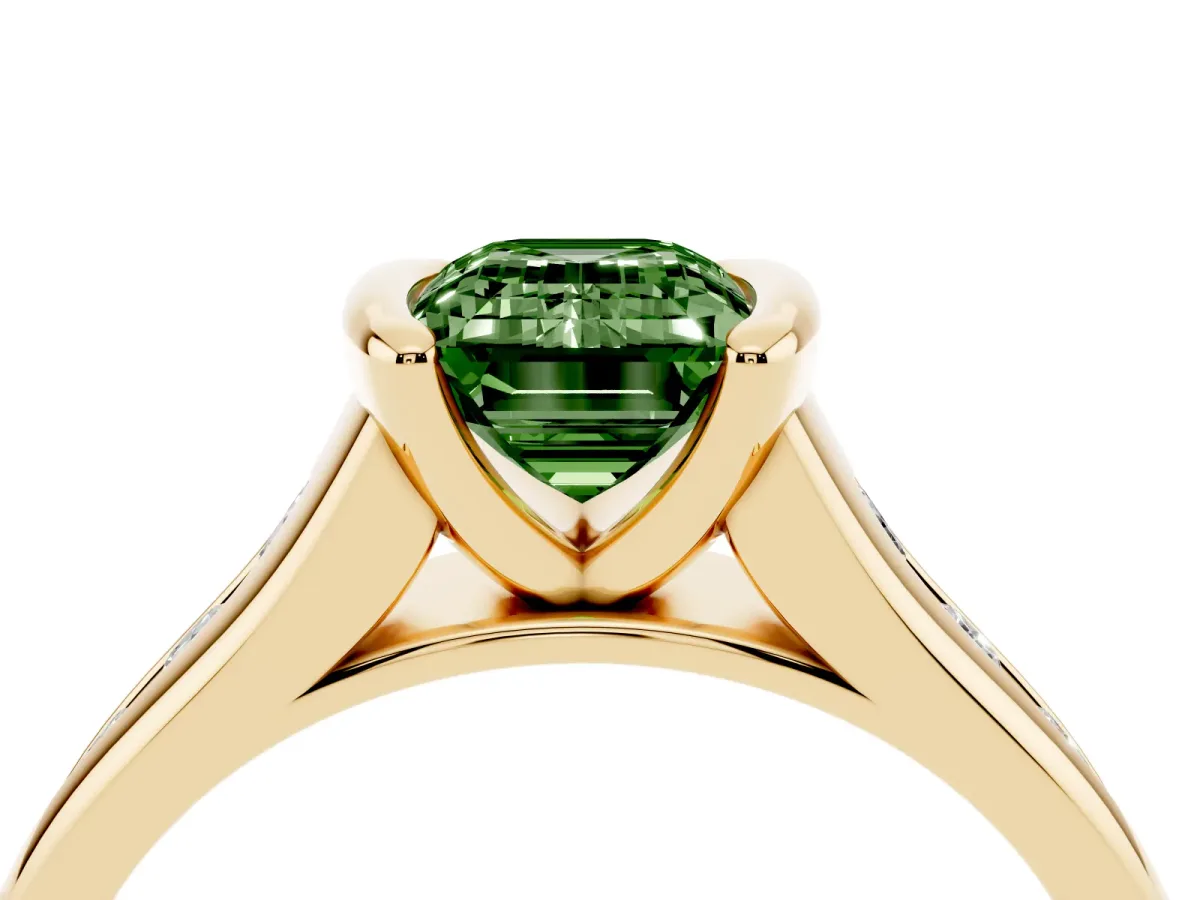 Fancy Green Emerald Cut Solitaire Bezel-Set Diamond Ring with Channel-Set Band Yellow gold