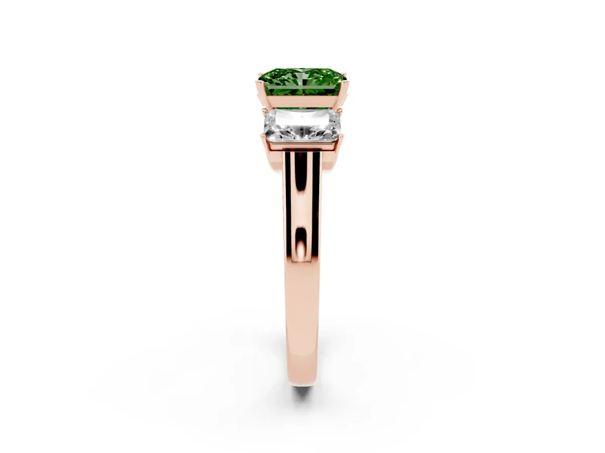 Fancy Green Three-Stone Radiant Cut Brilliant Diamond Trellis Ring with Comfort Fit Band Rose gold