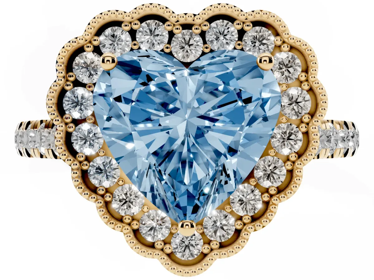 Fancy Blue Heart Cut Cut Diamond Milgrain Floral Halo Engagement Ring with Pavé Band Yellow gold