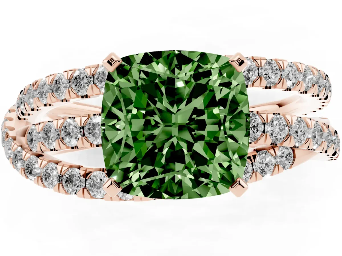 Fancy Green Cushion Cut Solitaire Twist Band with Pavé Setting and Four-Prong Setting Rose gold