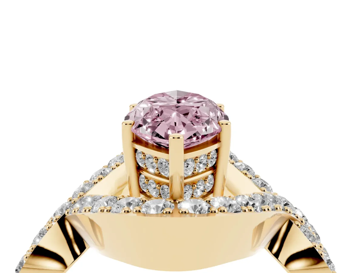 Fancy Pink Marquise Cut Solitaire Twist Band Pavé Diamond Engagement Ring Yellow gold