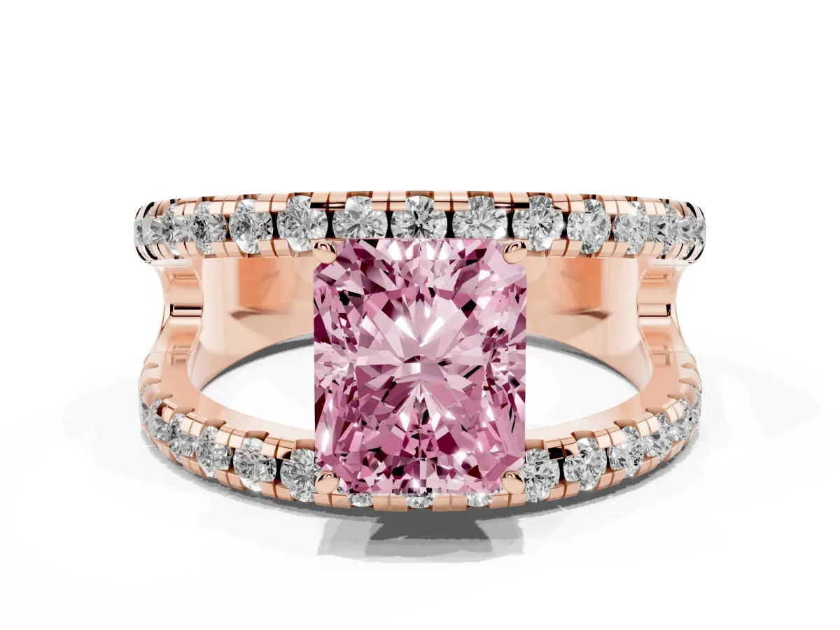 Fancy Pink Radiant Cut Solitaire Split Shank Pave Diamond Ring Rose gold