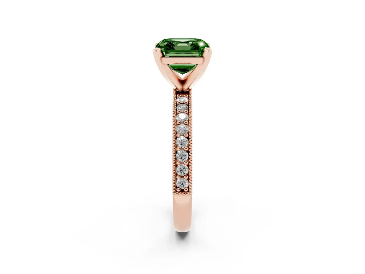 Fancy Green Asscher Cut Diamond Milgrain Pavé Engagement Ring with Four-Prong Setting Rose gold