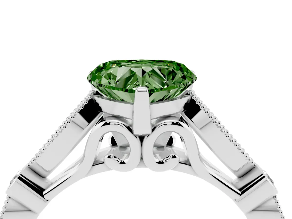 Fancy Green Heart Cut Cut Diamond with Milgrain Marquise and Bezel Accents on a Solitaire Band with Prong Setting Silver