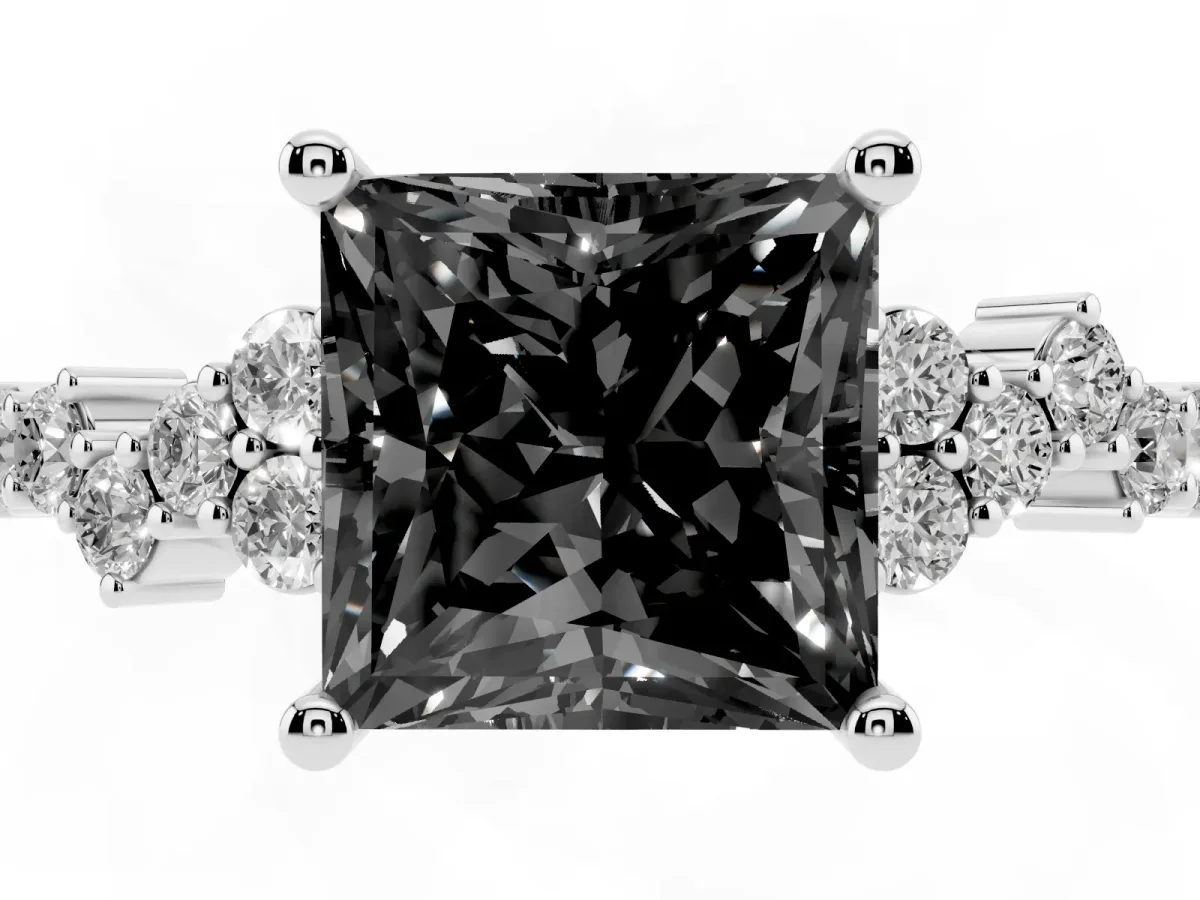 Fancy Black Princess Cut Diamond Scattered Round Accent Ring with Prong Setting Silver