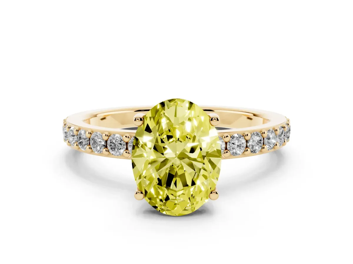 Fancy Yellow Oval Cut Cut Diamond Solitaire with Pave Band and Four-Prong Setting Yellow gold