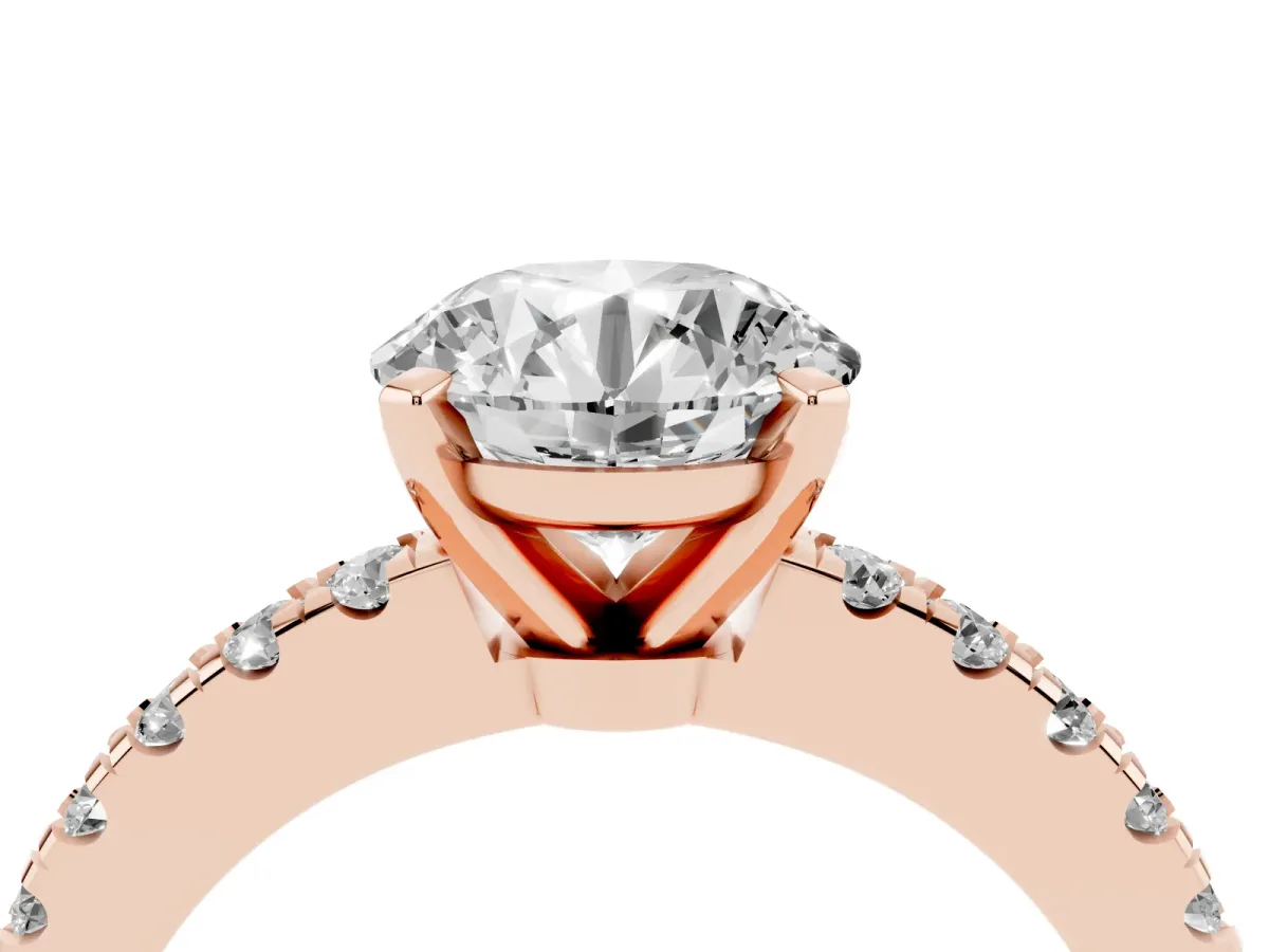 Round Cut Solitaire Diamond with Pavé Band and Four-Prong Setting Rose gold