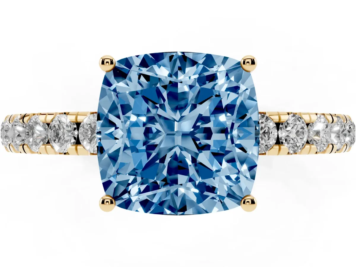 Fancy Blue Cushion Cut Diamond Pavé Solitaire Engagement Ring with Four-Prong Setting Yellow gold
