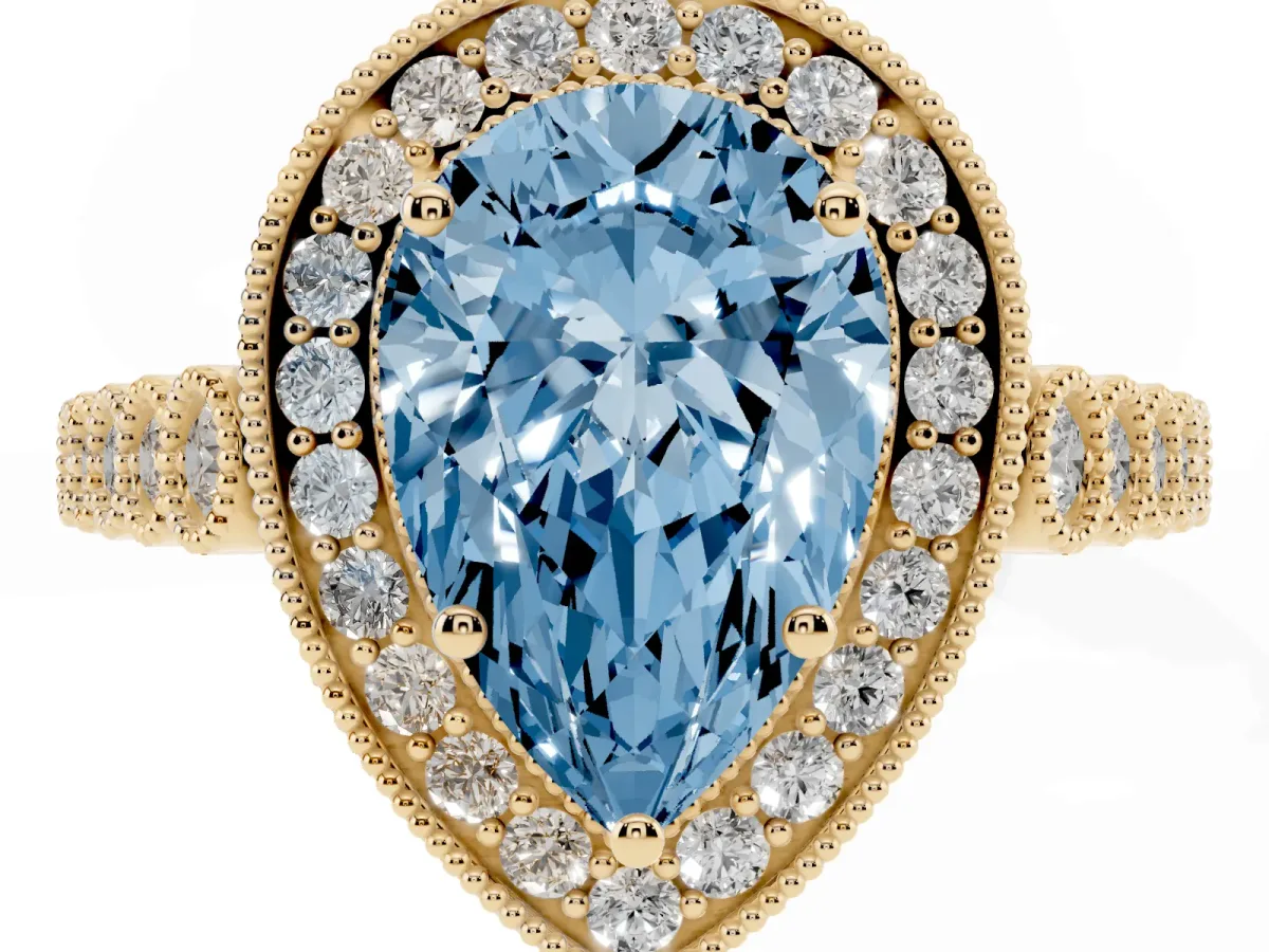 Fancy Blue Pear Cut Halo Twist Band Solitaire Ring with Six-Prong Setting Yellow gold