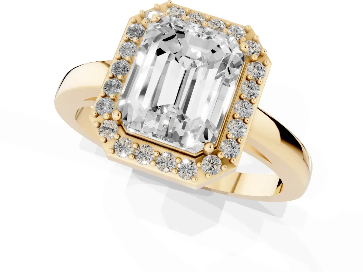 Radiant Cut Halo Diamond Ring with Solitaire Band and Prong Setting Yellow gold