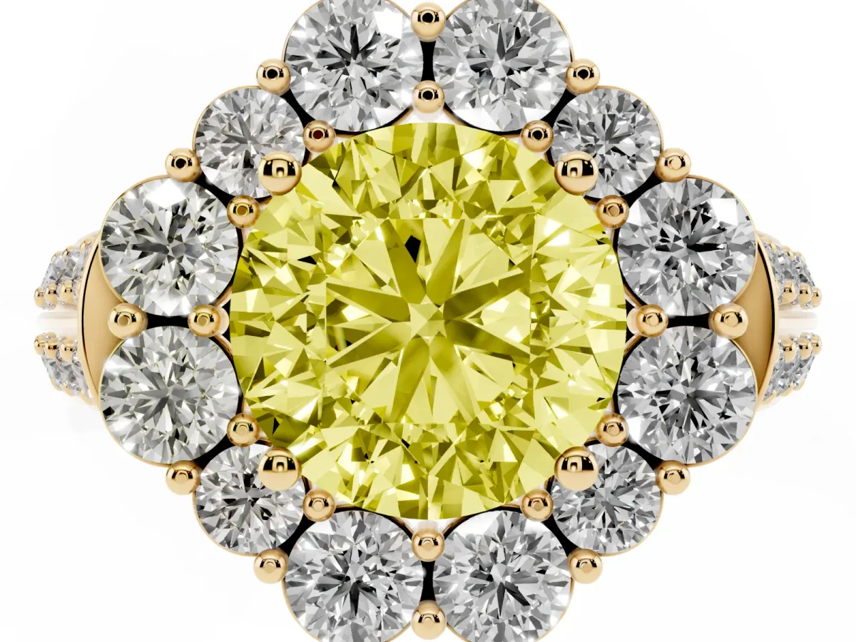 Fancy Yellow Round Cut Halo Diamond Engagement Ring with Split Shank and Prong Setting Yellow gold