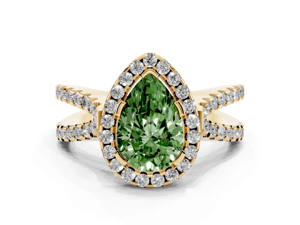 Fancy Green Pear Cut Diamond Halo Ring with Split Shank Pavé Band and Prong Setting Yellow gold