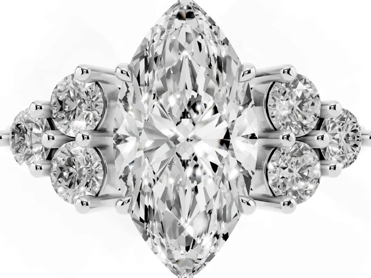 Marquise Cut Brilliant Diamond Cluster Accent Solitaire Ring with Prong Setting Silver