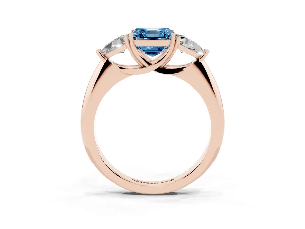 Fancy Blue Three-Stone Asscher Cut Diamond Engagement Ring with Trillion Side Stones and Prong Setting Rose gold