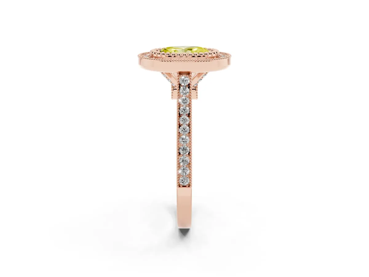Fancy Yellow Oval Cut Diamond Halo Ring with Milgrain Frame and Pavé Band Rose gold