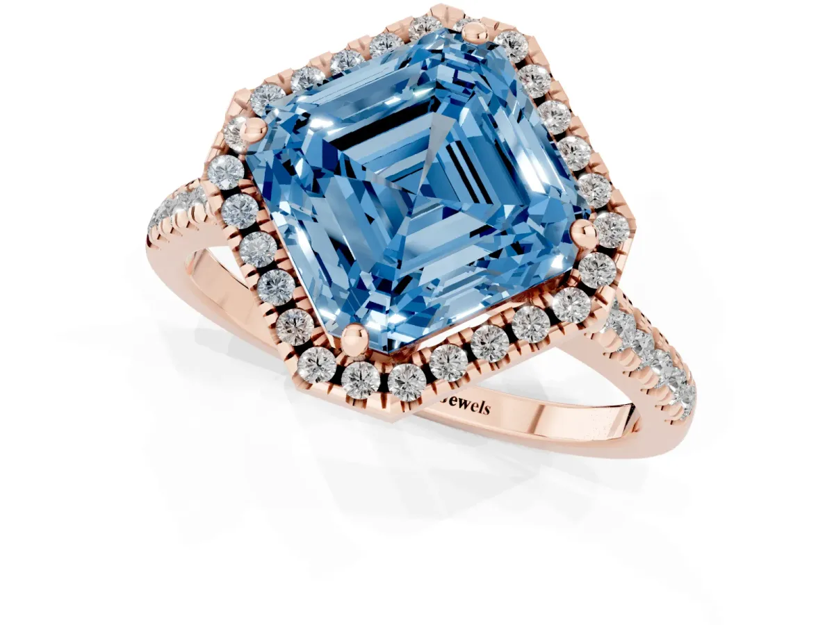 Fancy Blue Asscher Cut Diamond Cushion Halo Ring with Pavé Band Rose gold