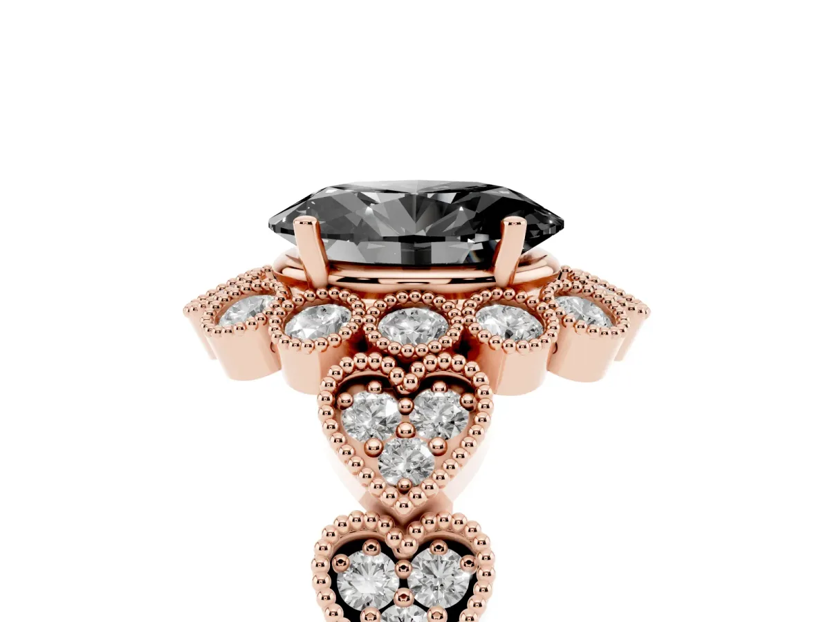 Fancy Black Oval Cut Brilliant Milgrain Pave Heart Band Solitaire Ring Rose gold