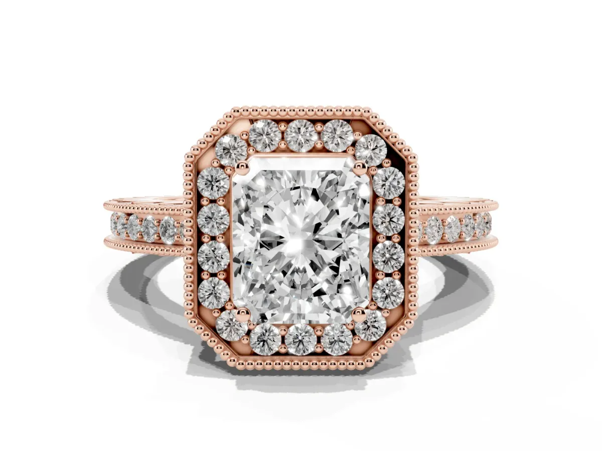 Radiant Cut Diamond Milgrain Halo Engagement Ring with Round Pavé Band and Prong Setting Rose gold