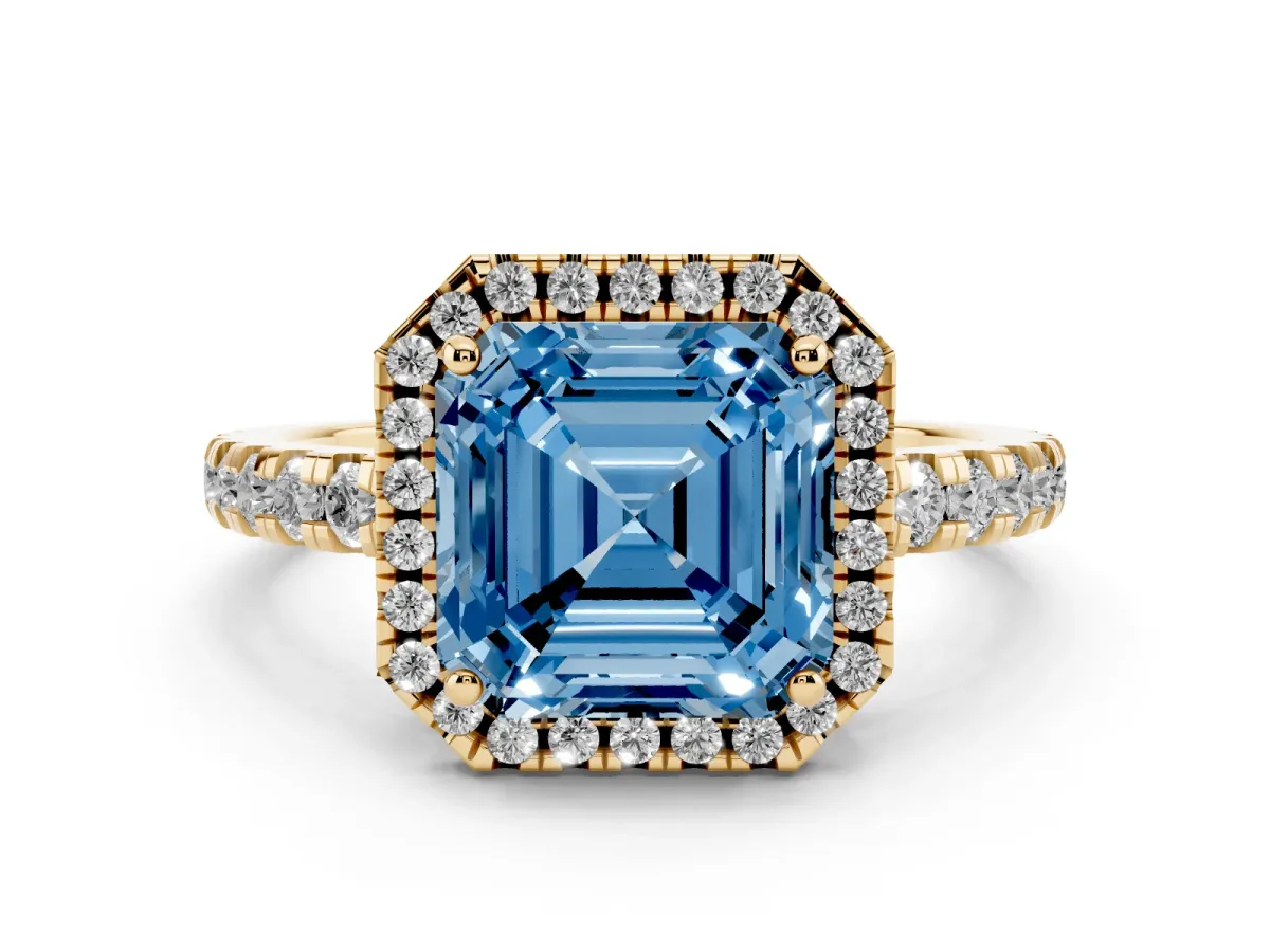 Fancy Blue Asscher Cut Diamond Halo Ring with Pavé Band and Four-Prong Setting Yellow gold