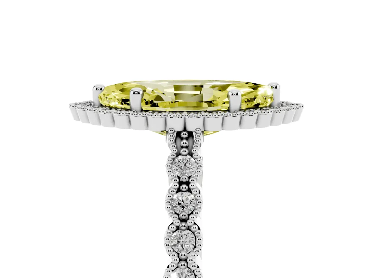 Fancy Yellow Marquise Cut Cut Halo Pavé Solitaire Ring with Milgrain Band White gold