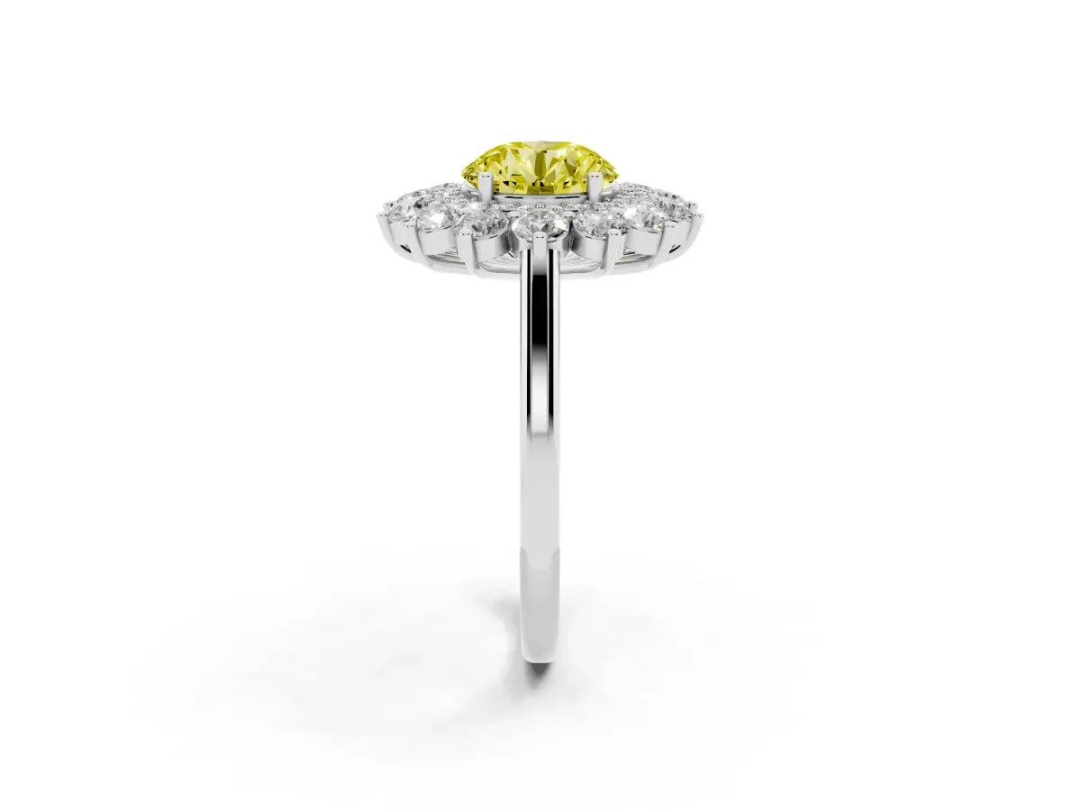 Fancy Yellow Round Cut Diamond Floral Double Halo Engagement Ring with Prong Setting Silver