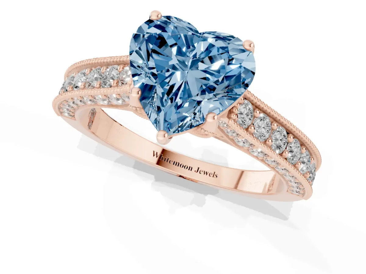 Fancy Blue Heart Cut Cut Diamond Solitaire Ring with Milgrain Pave Band and Four Prong Setting Rose gold