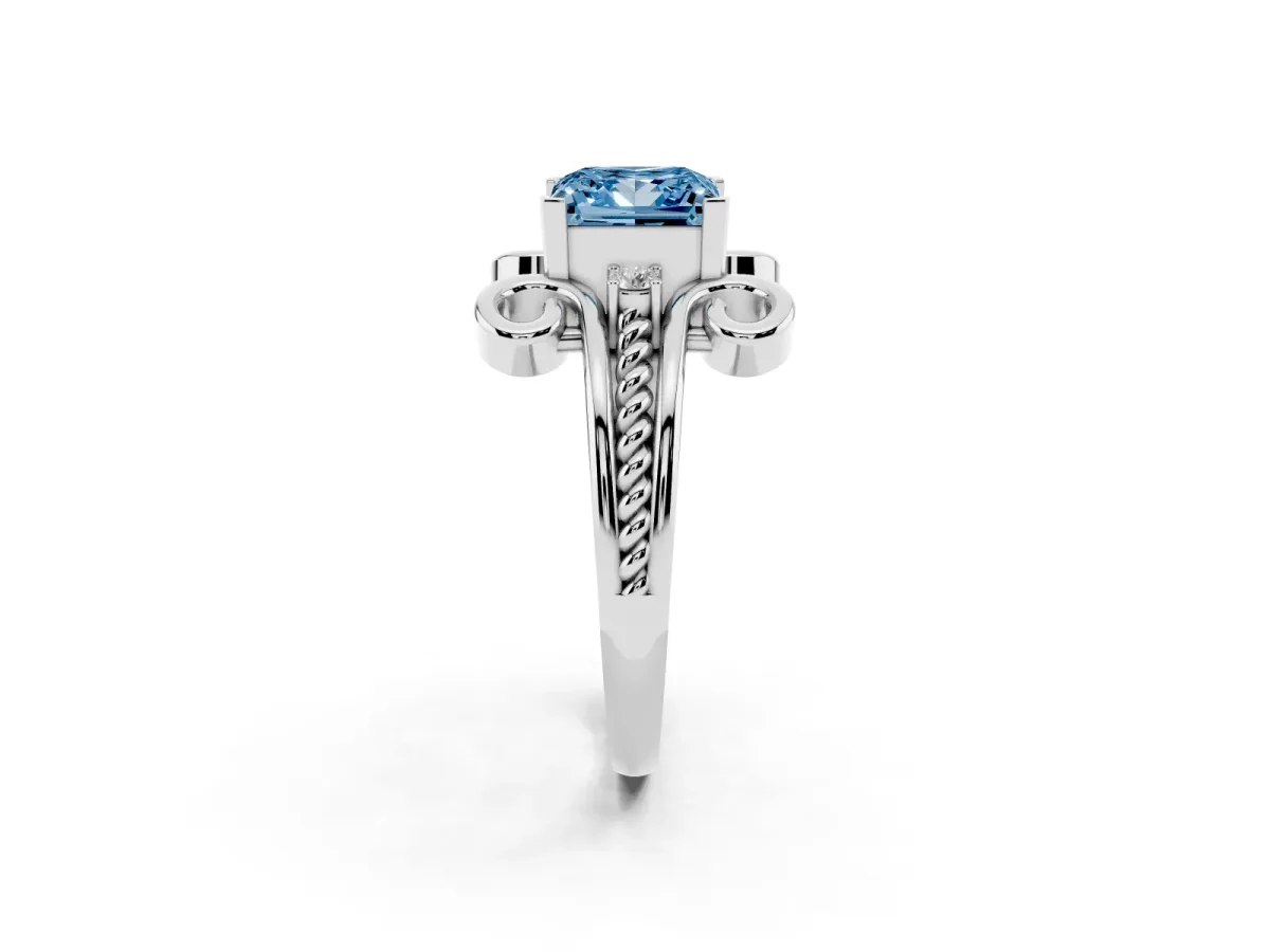 Fancy Blue Princess Cut Solitaire Twisted Band Scroll Prong Ring Silver
