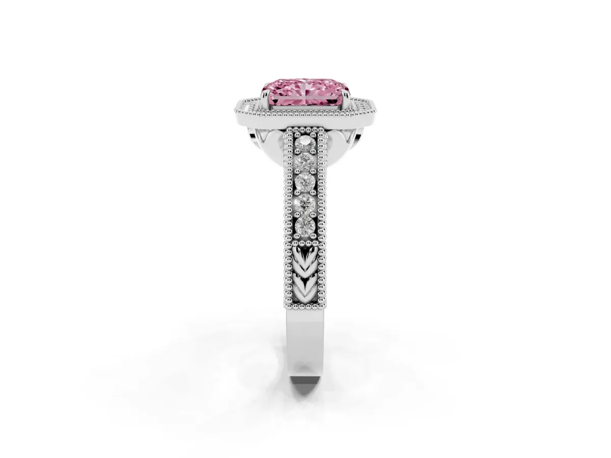 Fancy Pink Radiant Cut Cut Halo Diamond Ring with Pavé Band and Four-Prong Setting Silver