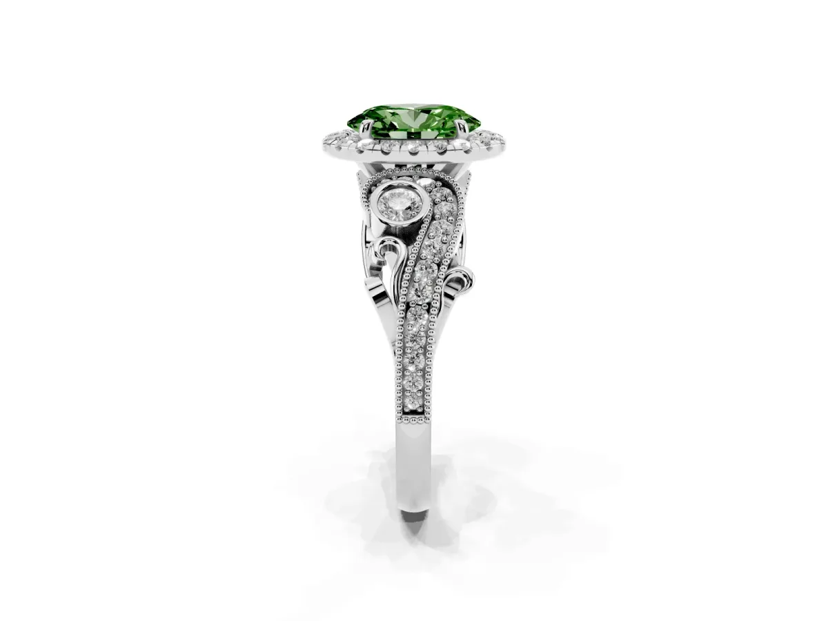 Fancy Green Oval Cut Halo Diamond Ring with Milgrain and Bezel Accents on a Split Shank Band White gold