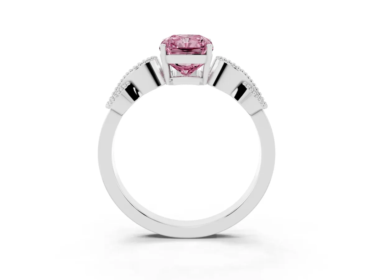 Fancy Pink Radiant Cut Solitaire Milgrain Leaf Band with Prong Setting Platinum