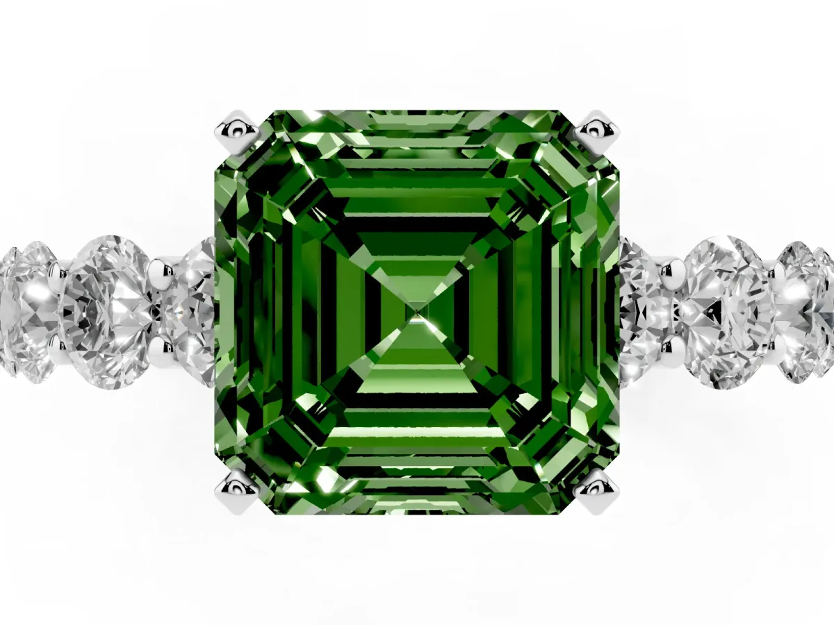 Fancy Green Asscher Cut Diamond Prong Setting with Side Stones on a Pave Band Silver