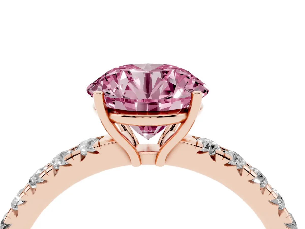 Fancy Pink Round Cut Diamond Pavé Solitaire Engagement Ring with Four-Prong Setting Rose gold