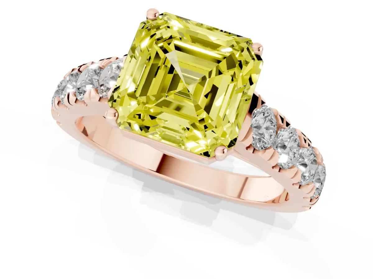 Fancy Yellow Asscher Cut Cut Diamond Solitaire Ring with Micro Pave Band and Prong Setting Rose gold