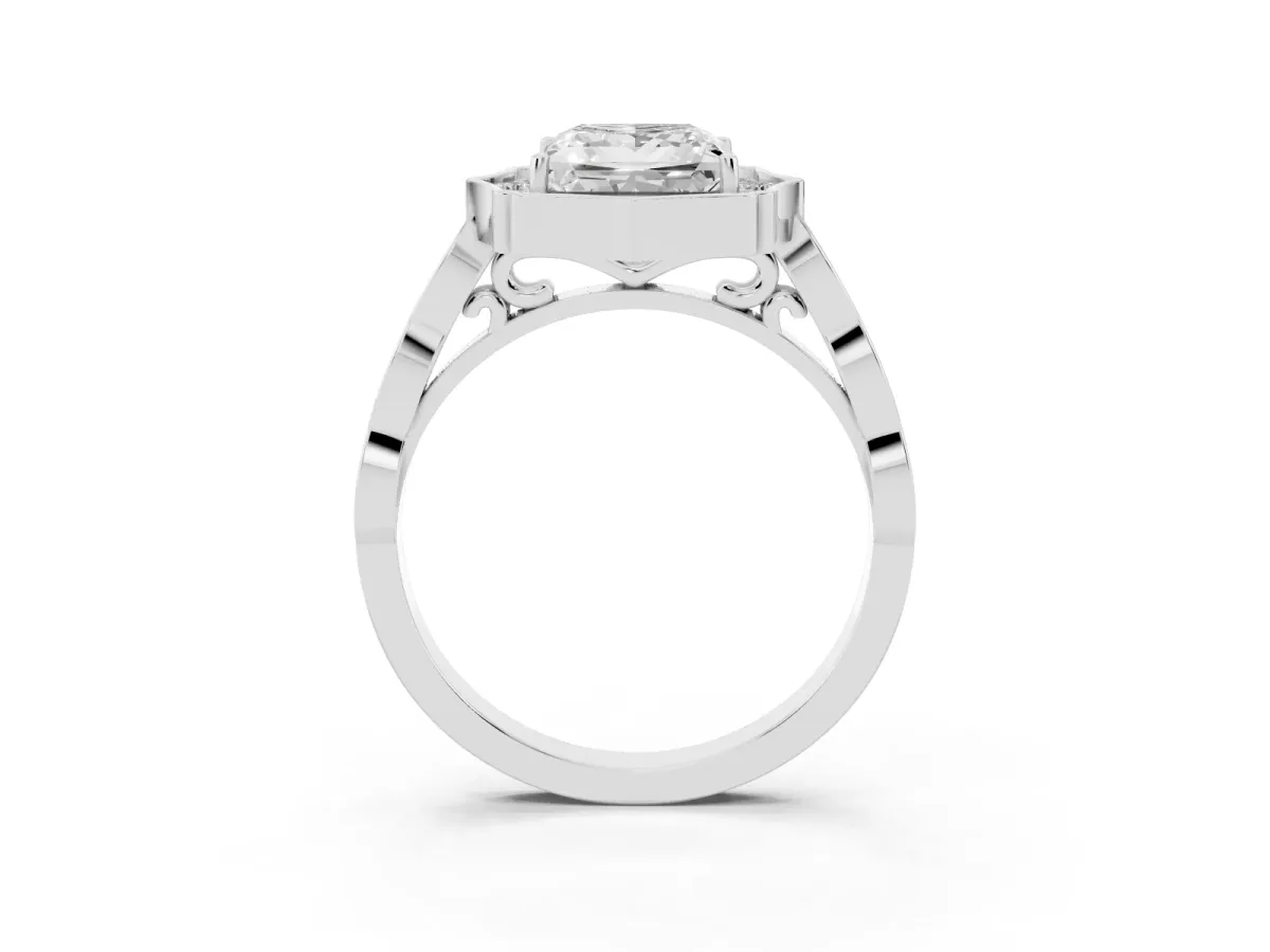 Princess Cut Halo Diamond Engagement Ring with Milgrain Band and Four-Prong Setting White gold