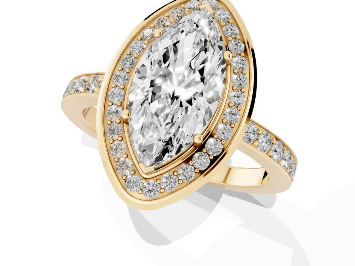 Marquise Cut Diamond Halo Ring with Bezel Frame and Pavé Band Yellow gold