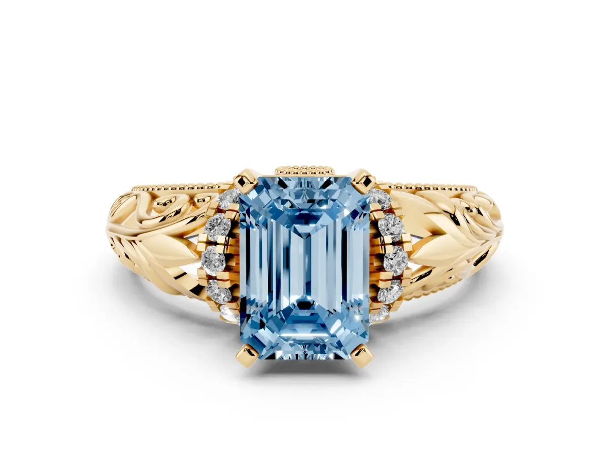 Fancy Blue Emerald Cut Solitaire Filigree Engagement Ring with Halo and Prong Setting Yellow gold