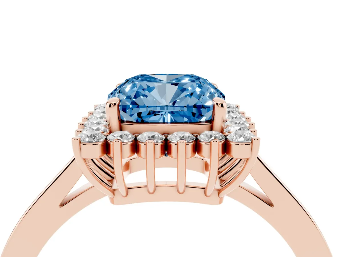 Fancy Blue Cushion Cut Cut Diamond Halo Ring with Round Brilliant Halo and Solitaire Band Rose gold