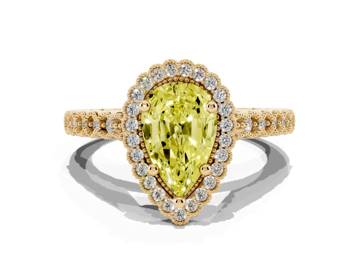 Fancy Yellow Pear Cut Cut Halo Pavé Solitaire Ring with Milgrain Band Yellow gold