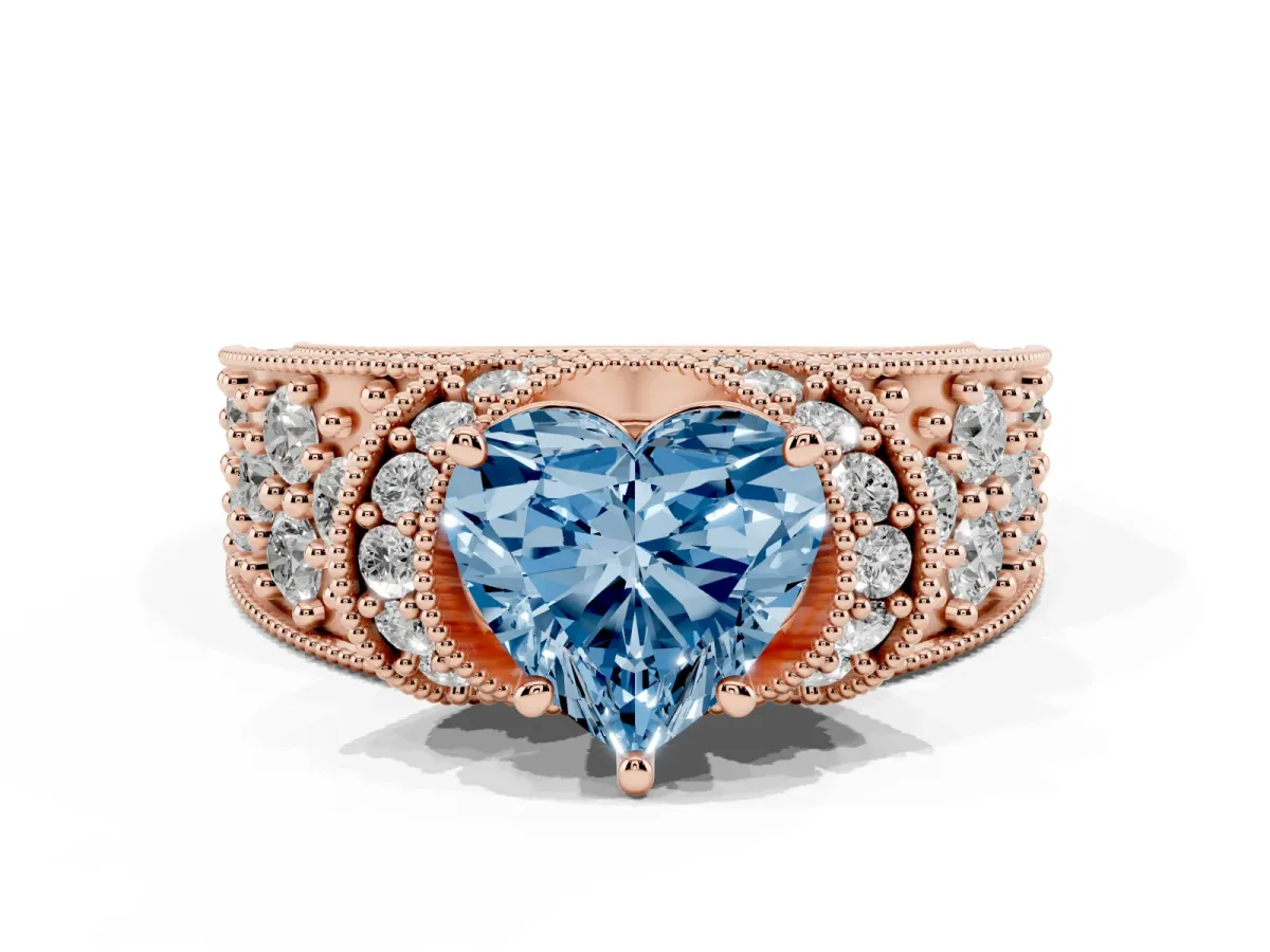 Fancy Blue Heart Cut Halo Pave Diamond Engagement Ring with Milgrain Detailing Rose gold