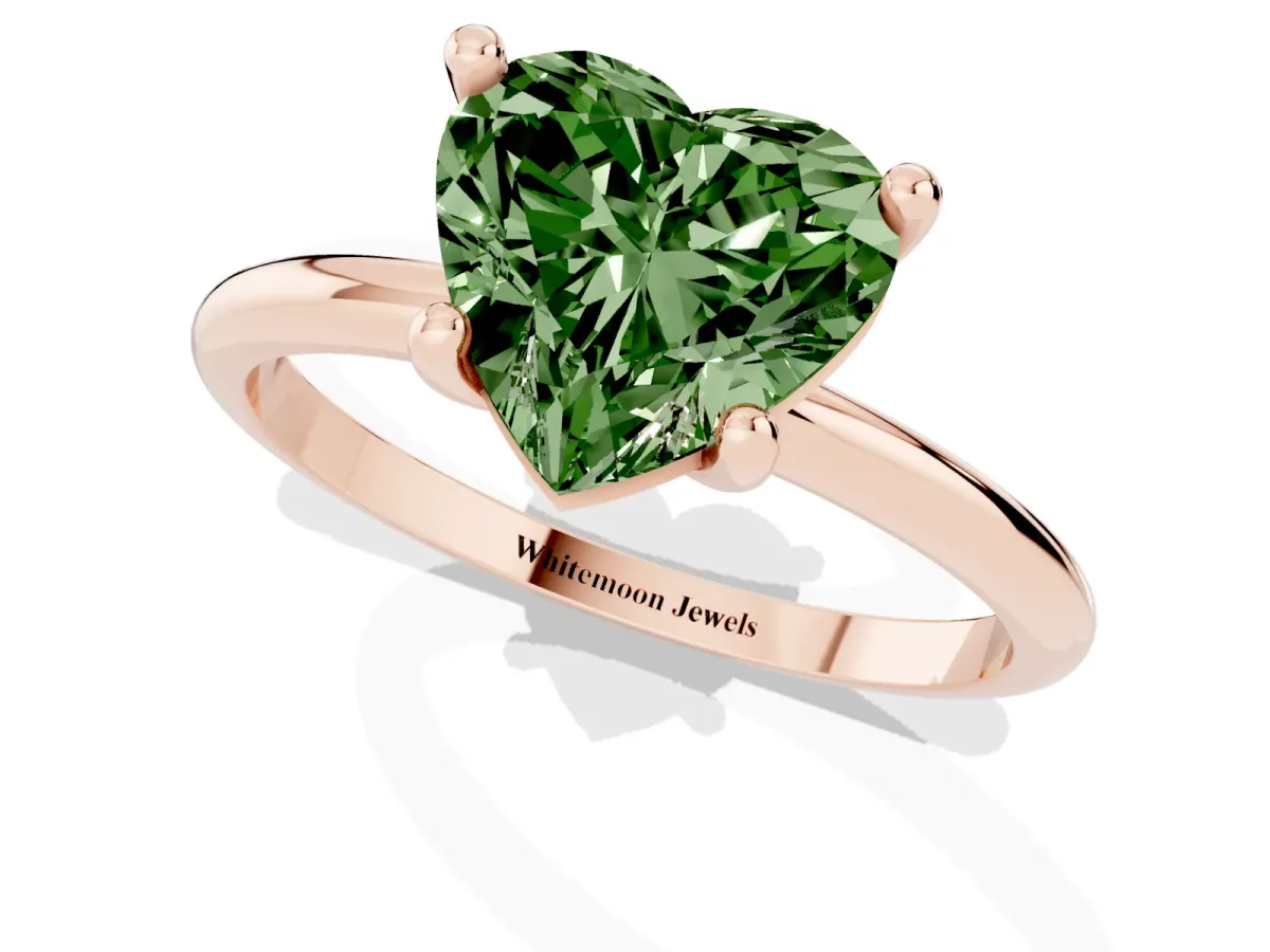 Fancy Green Heart Cut Solitaire Diamond Ring with 4-Prong Setting on a Classic Band Rose gold