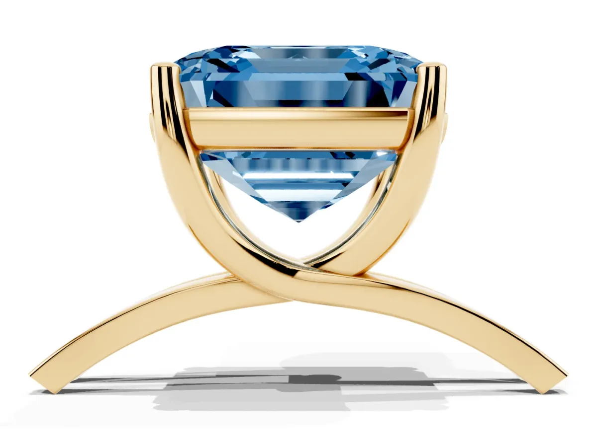 Fancy Blue Asscher Cut Cut Diamond Solitaire Engagement Ring with Tapered Plain Band and Four-Prong Setting Yellow gold