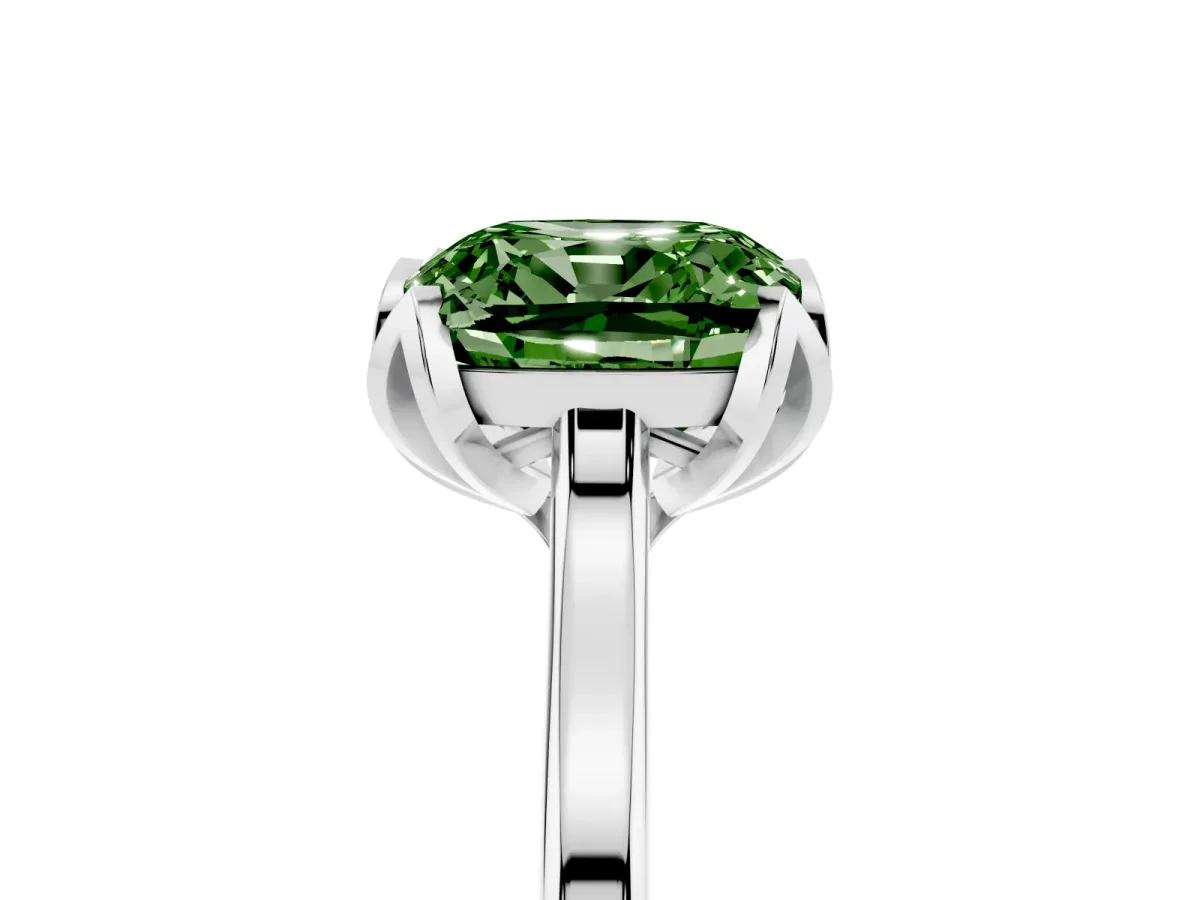 Fancy Green Cushion Cut Diamond Solitaire Ring with Flower Prong Setting and Classic Band Silver